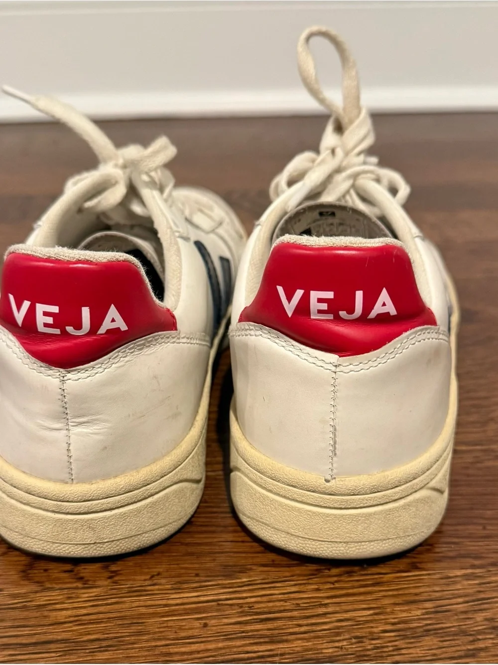 Veja White Sneakers with Navy V and Red Heel Tab